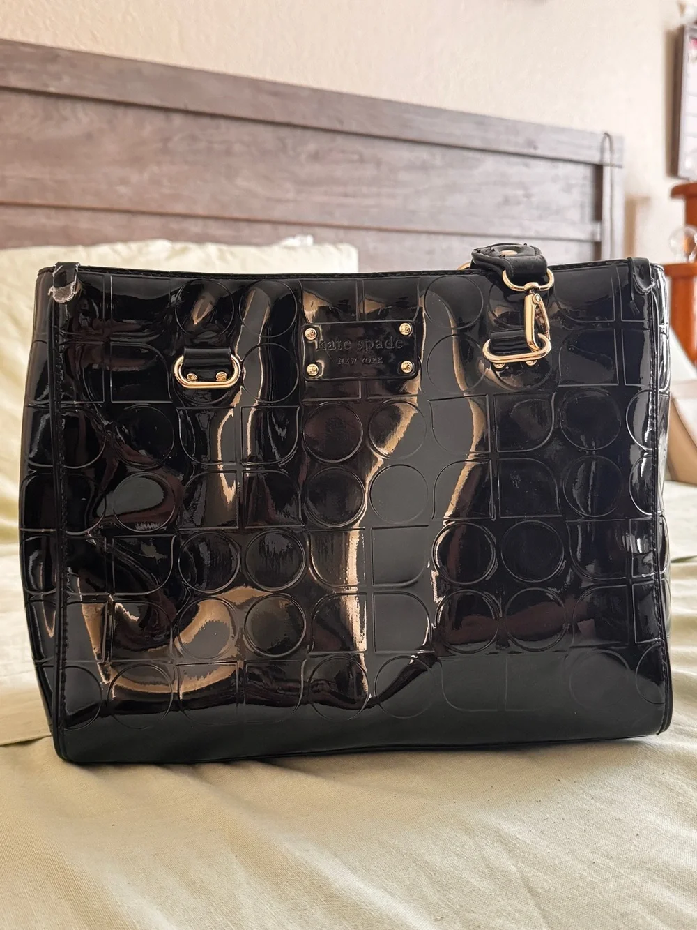 kate spade Black Patent Leather Tote with Quilted Circle Pattern